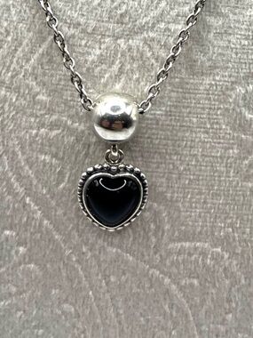Pandora Puffy Heart Mi Amor Black Onyx Necklace Pendant Sterling Silver ALE S925